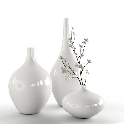 A 3D illustration of glass vases with flowers isolated on white background