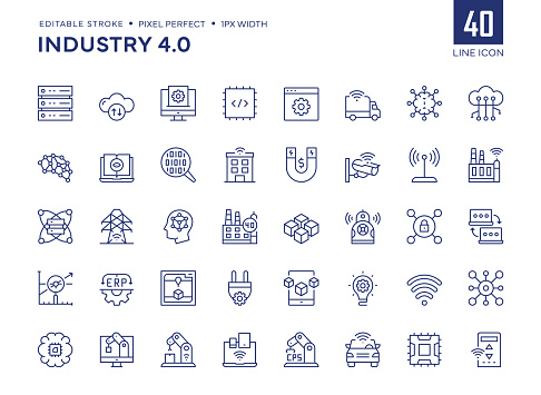 Industry 4.0 Line Icon Set contains such icons as Database, Network Server, Merchandise, Factory, Logistics, AI, AR, CPU, ERP and so on.

Pixel Perfect, Editable Stroke, Customizable stroke width, adjustable colors.