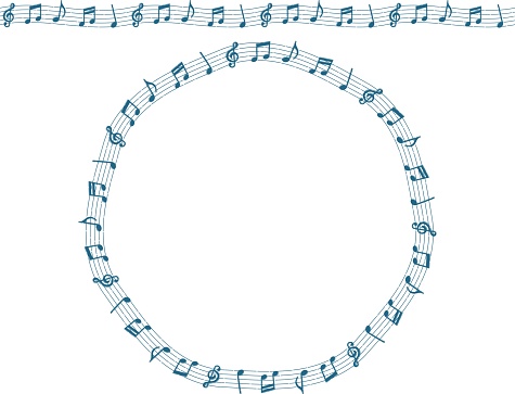A frame of the staff notation of the treble clef and musical note symbol drawn with a blue dashed line on the theme of music / illustration material (vector illustration)