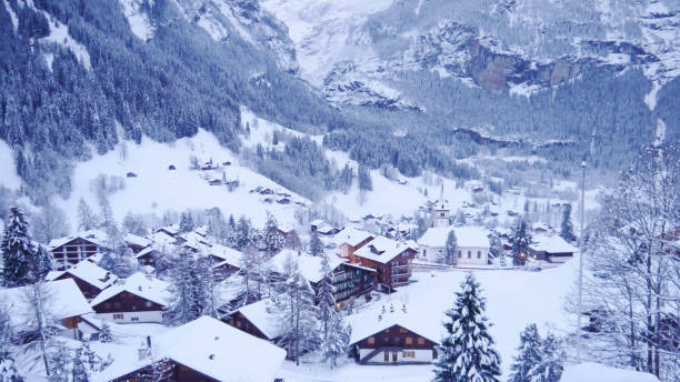 istock Village in the mountains in winter surrounded by pine trees 1453574362