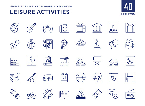 Leisure Activities Line Icon Set contains such icons as Painting, Video Games, Museum, Cinema, Theater, Backpacking, Fishing, Cycling, Shopping, and so on.

Pixel Perfect, Editable Stroke, Customizable stroke width, adjustable colors.