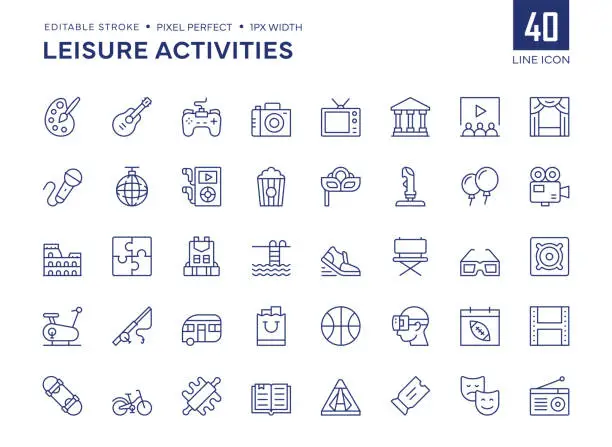 Vector illustration of Leisure Activities Line Icon Set contains Painting, Video Games, Museum, Cinema, Theater, Backpacking, Fishing and so on icons.