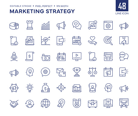 Marketing Strategy Line Icon Set contains such icons as Inbound Marketing, Analytics, SEO, Market Share, Marketing Automation, Voice of customer,  Geomarketing and so on.

Pixel Perfect, Editable Stroke, Customizable stroke width, adjustable colors.