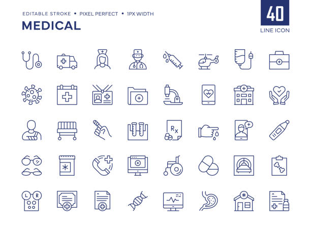 medical line icon set berisi stetoskop, ambulans, perawat, dokter, jarum suntik, serum, kit pertolongan pertama, dan sebagainya. - medis ilustrasi stok