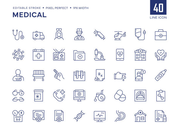 ilustrações de stock, clip art, desenhos animados e ícones de medical line icon set contains stethoscope, ambulance, nurse, doctor, syringe, serum, first aid kit and so on icons. - health