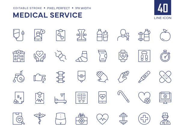 набор иконок линии медицинских услуг содержит иконки сыворотки, телемедицины, рентгеновского изображения, больницы, физиотерапии и т. д. - cast stock illustrations