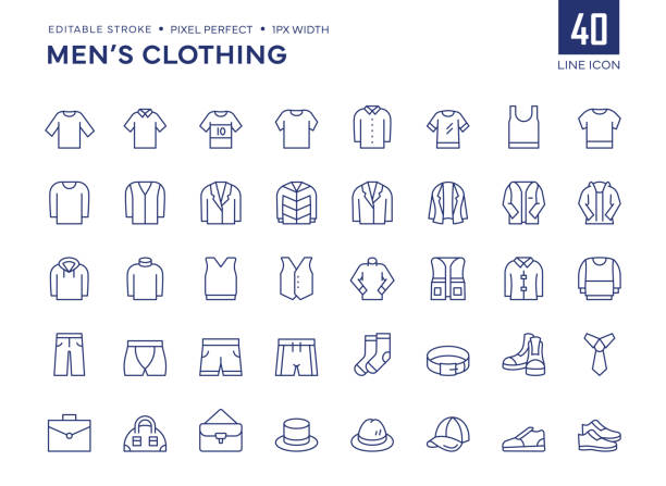 紳士服ラインアイコンセットには、tシャツ、シャツ、ジーンズ、スウェットシャツ、ジャケット、コート、獣医、靴下などのアイコンが含まれています。 - sweater vest点のイラスト素材／クリップアート素材／マンガ素材／アイコン素材