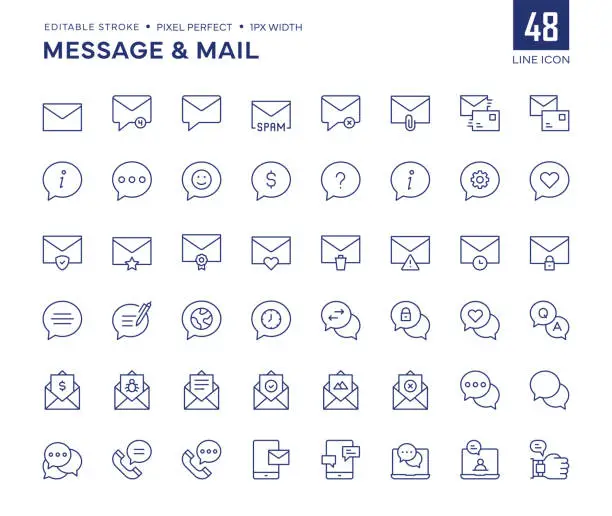 Vector illustration of Message And Mail Line Icon Set contains Spam Message, Inbox, New Message, Testimonial, Letter, Audio Message, Video Mesage and so on icons.