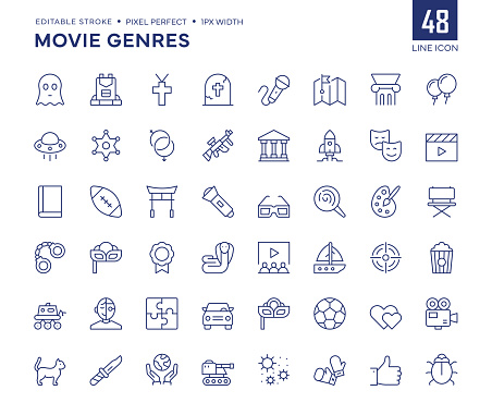 Movie Genres Line Icon Set contains such icons as Drama, Horror, Science Fiction, Comedy, Romance, Action, Adventure, Thriller and so on.

Pixel Perfect, Editable Stroke, Customizable stroke width, adjustable colors.