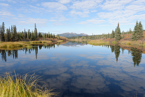 A panoramic view looking across a small lake to forested mountains. This is located in the Maine North Woods Highlands Region, Maine, USA. Multiple images used to create a panoramic.