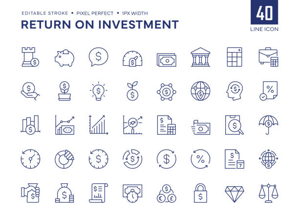 sada ikon řádku návratnosti investic obsahuje ikony finanční strategie, úspory, kreditní skóre, kapitál, bankovnictví, zisk a tak dále. - finance stock ilustrace