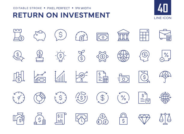 return on investment line icon set contains financial strategy, savings, credit score, capital, banking, profit and so on icons. - para stock illustrations
