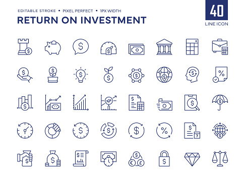 Return On Investment Line Icon Set contains such icons as Financial Strategy, Savings, Credit Score, Capital, Banking, Profit and so on.

Pixel Perfect, Editable Stroke, Customizable stroke width, adjustable colors.