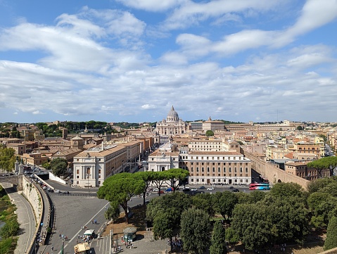 Vatican City, Vatican – September 07, 2022: An aerial view of St. Peter's Basilica with a cloudy blue sky in the background, Vatican City