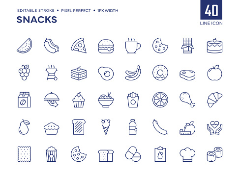 Snacks Line Icon Set contains such icons as Hamburger, Hot Dog, Pizza, Chocolate, Cake, Cookie and so on.

Pixel Perfect, Editable Stroke, Customizable stroke width, adjustable colors.