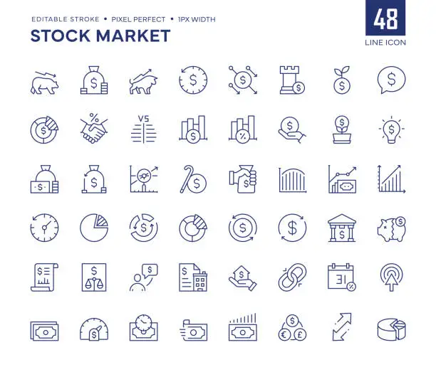 Vector illustration of Stock Market Line Icon Set contains Finance, Budget, Annual Report, Recession, Bear Market, Bull Market, Making Money, Trading and so on icons.