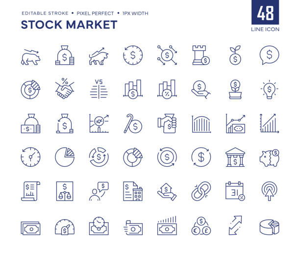 stock market line icon set contains finance, budget, annual report, recession, bear market, bull market, making money, trading and so on icons. - 利率 幅插畫檔、美工圖案、卡通及圖標