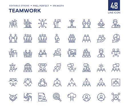 Teamwork Line Icon Set contains such icons as Cooperation, Leadership, Colleague, Business Team, Partnership, Unity, Brainstorming, Discussion, Organization, Career Ladder and so on.

Pixel Perfect, Editable Stroke, Customizable stroke width, adjustable colors.
