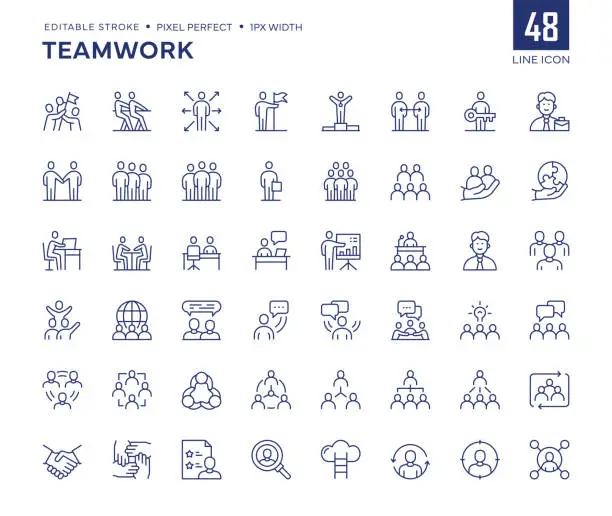 Vector illustration of Teamwork Line Icon Set contains Cooperation, Leadership, Colleague, Business Team and so on icons.