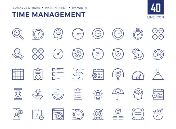 illustrations, cliparts, dessins animés et icônes de le jeu d’icônes de ligne de gestion du temps contient des icônes d’urgence, d’échéance, d’horaire, de chronomètre, de chronomètre, de ponctualité, de verre de verre, de compte à rebours, etc. - precise timing