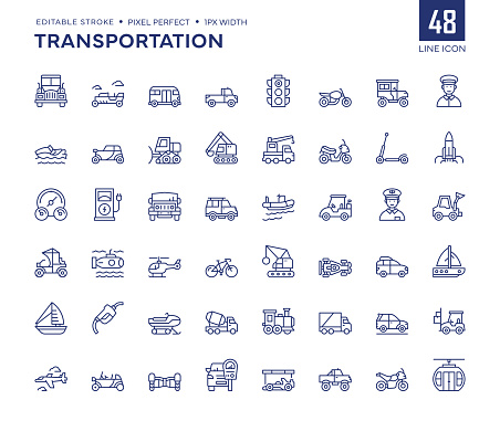 Transportation Line Icon Set contains such icons as Truck, Cabriolet	, Motorbike, Train, Helicopter, Submarine  and so on.

Pixel Perfect, Editable Stroke, Customizable stroke width, adjustable colors.