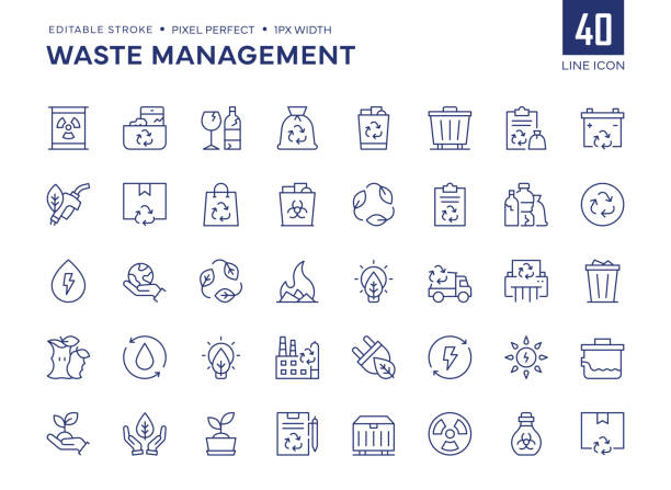 zestaw ikon linii zarządzania odpadami zawiera ikony recyklingu, wielokrotnego użytku, centrum recyklingu, środowiska i tak dalej. - sustainability stock illustrations