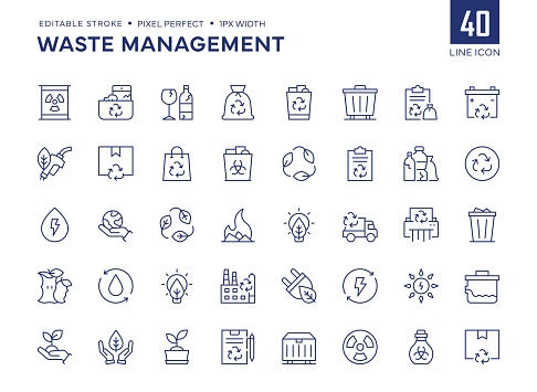 Waste Management Line Icon Set contains such icons as Recycling, Reusable, Recycling Center, Environment and so on.

Pixel Perfect, Editable Stroke, Customizable stroke width, adjustable colors.