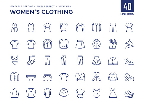 Women's Clothing Line Icon Set contains such icons as Dress, Jacket, Skirt, Denim, Shoes and so on.

Pixel Perfect, Editable Stroke, Customizable stroke width, adjustable colors.