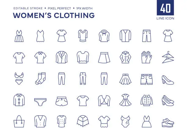 Vector illustration of Women's Clothing Line Icon Set contains Dress, Jacket, Skirt, Denim, Shoes, Shirt, Jeans and so on icons.