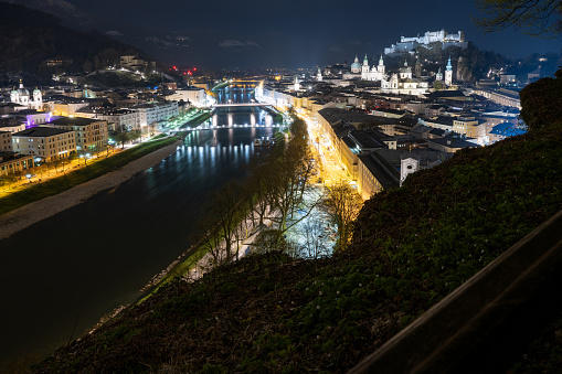 panorama view of city of salzburg at night