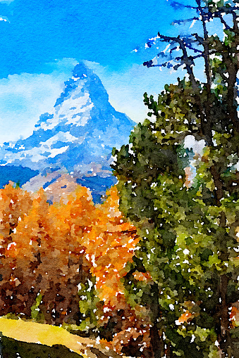 Watercolor beautiful landscape view mountain at Zermatt Switzerland.