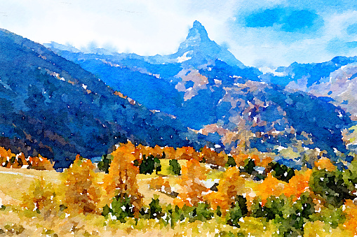 Watercolor beautiful landscape view mountain at Zermatt Switzerland.
