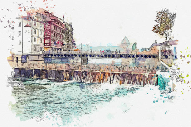 istock Watercolor beautiful landscape view Luzern famous town at Switzerland. 1453582414