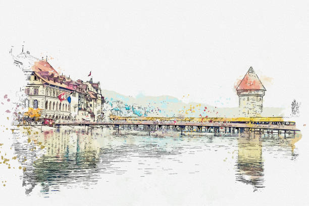 istock Watercolor beautiful landscape view Luzern famous town at Switzerland. 1453582421