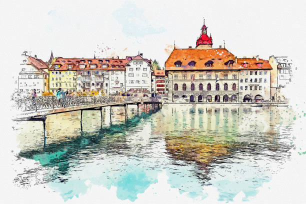 istock Watercolor beautiful landscape view Luzern famous town at Switzerland. 1453582433