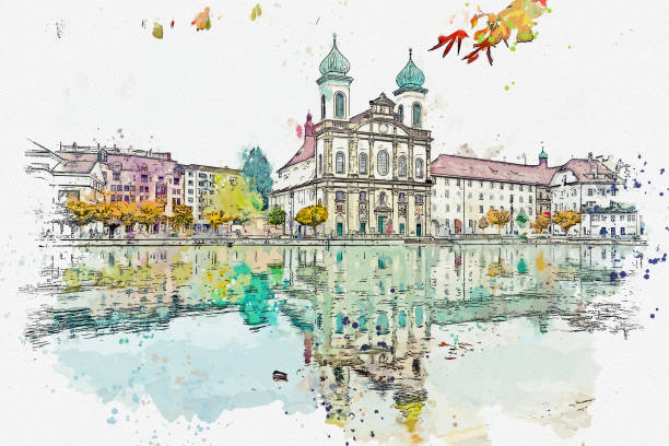 istock Watercolor beautiful landscape view Luzern famous town at Switzerland. 1453582465