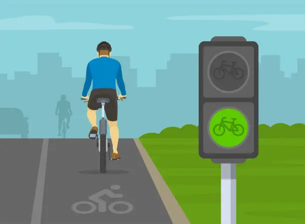 Vector illustration of Back view of cyclist cycling on bike path. City road with dedicated bicycle lane and traffic signal. Close-up view.