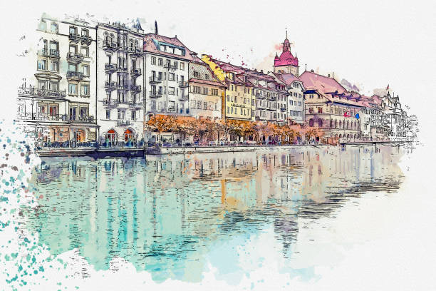 istock Watercolor beautiful landscape view Luzern famous town at Switzerland. 1453582507