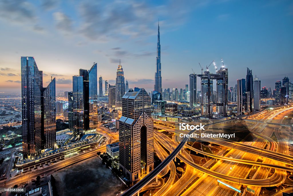 Dubai downtown at twilight Dubai downtown at twilight with view over sheikh zayed road Dubai Stock Photo