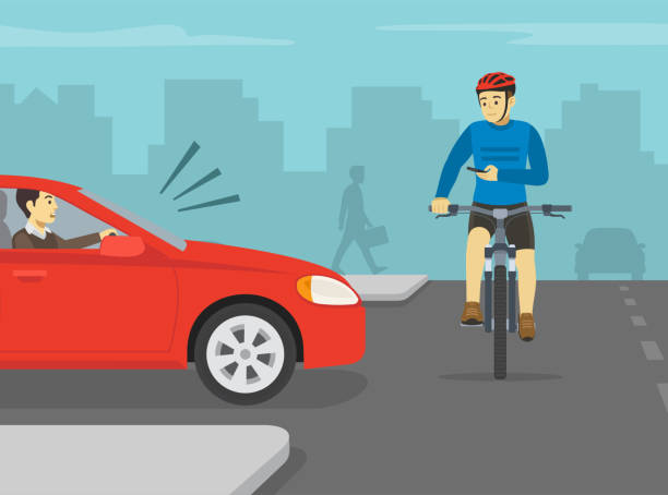 rowerzysta ma zostać potrącony przez czerwonego sedana, patrząc na telefon na miejskiej drodze. korzystanie z telefonu komórkowego podczas jazdy na rowerze. - bicycle lane stock illustrations