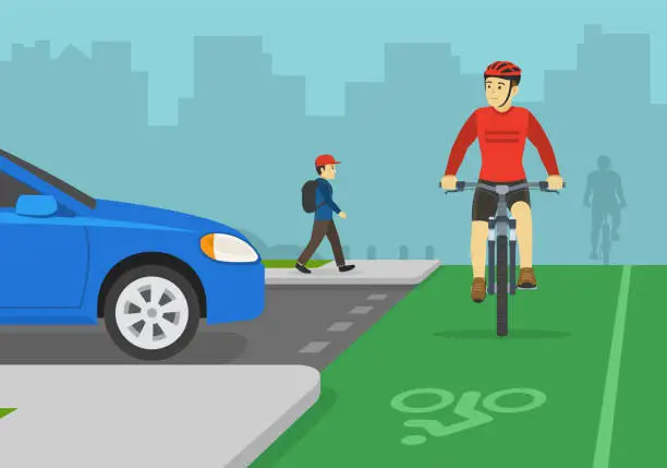 Vector illustration of Professional cyclist turned his head and looking at blue sedan car. Front view of cycling bike rider on a bicycle lane.