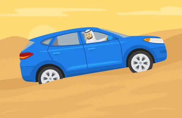 Vector illustration of Blue suv goes up the desert hill. Young arab driver is looking back from the open window.