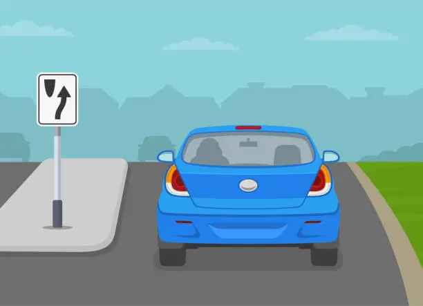 Vector illustration of Keep to the right of traffic islands or obstruction. Back view of a blue car on divided road.