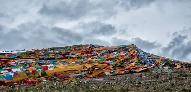 Colorful prayer flags on strings - flying in the wind on Nam Tso Lake, Damxung County, Lhasa, Tibet, China. Tibetans believe the prayers and mantras will be blown by the wind to spread the good.