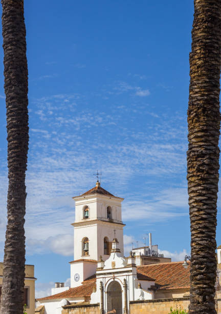 View of the Santa Maria church between two palm trees in Merida stock photo