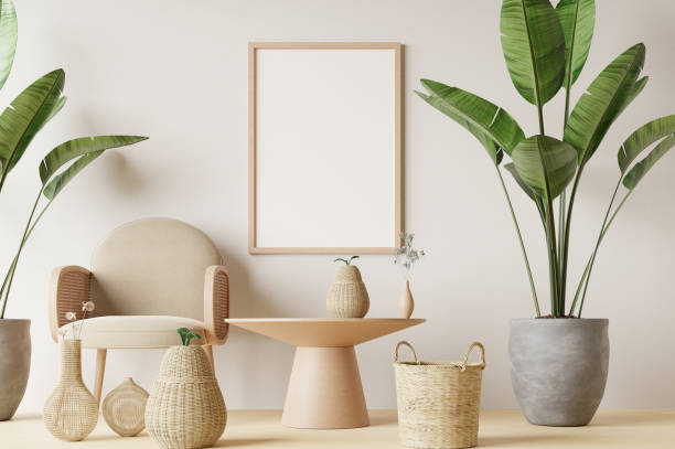 istock Frame and poster mockup in Boho style interior. 3d rendering, 3d illustration 1453592195