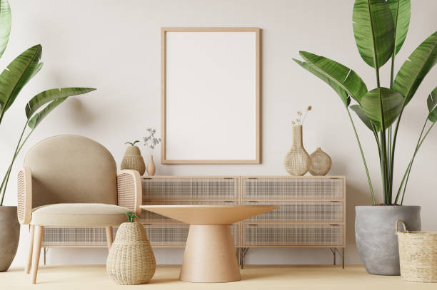 istock Frame and poster mockup in Boho style interior. 3d rendering, 3d illustration 1453592196