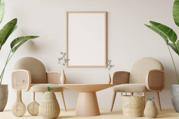 istock Frame and poster mockup in Boho style interior. 3d rendering, 3d illustration 1453592197