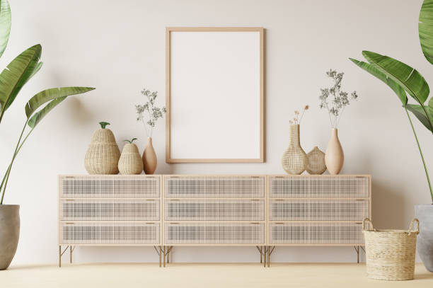 istock Frame and poster mockup in Boho style interior. 3d rendering, 3d illustration 1453592211