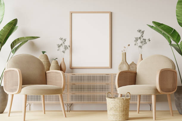 istock Frame and poster mockup in Boho style interior. 3d rendering, 3d illustration 1453592216